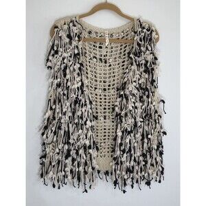 Pol Women Open Vest M Ivory/Black Pom Poms Shaggy Boho Art to Wear Festival